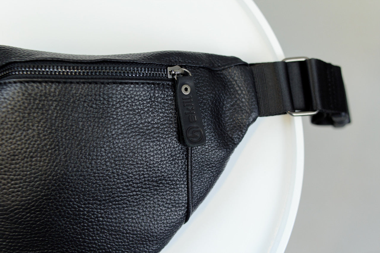 Handmade Mens Leather Banana Waist Bag Black Genuine Leather Fanny Pack