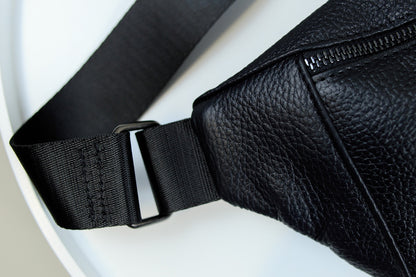 Handmade Mens Leather Banana Waist Bag Black Genuine Leather Fanny Pack