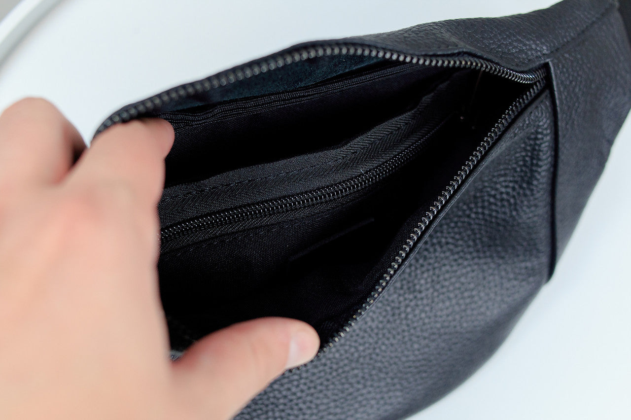Handmade Mens Leather Banana Waist Bag Black Genuine Leather Fanny Pack