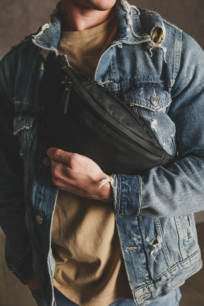 Mens Handmade Genuine Leather Banana Bag Black Waist Bag Fanny Pack