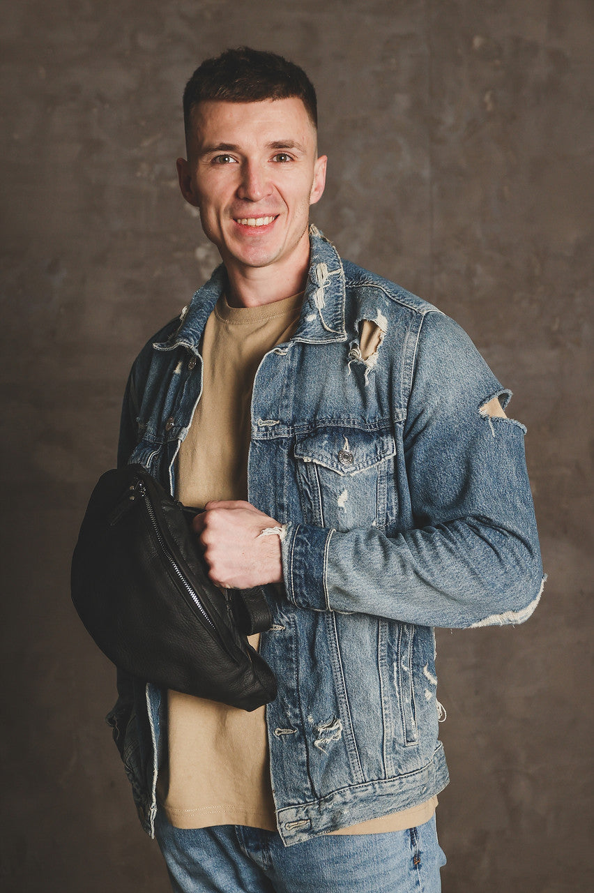 Mens Handmade Genuine Leather Banana Bag Black Waist Bag Fanny Pack
