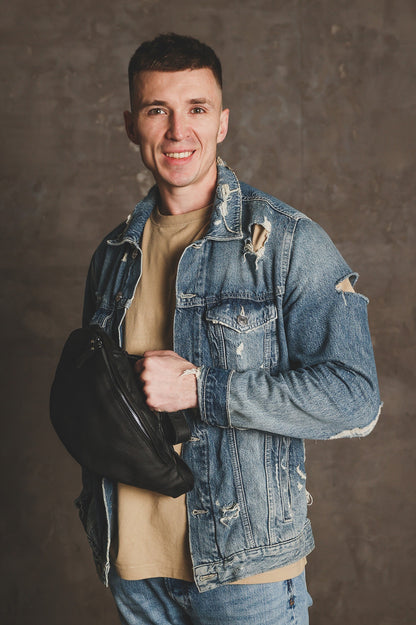 Mens Handmade Genuine Leather Banana Bag Black Waist Bag Fanny Pack