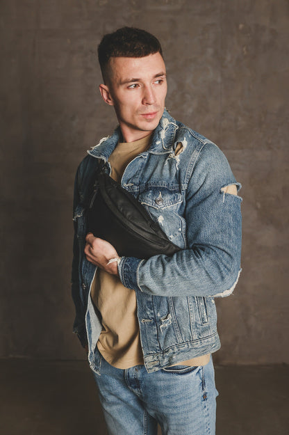 Mens Handmade Genuine Leather Banana Bag Black Waist Bag Fanny Pack