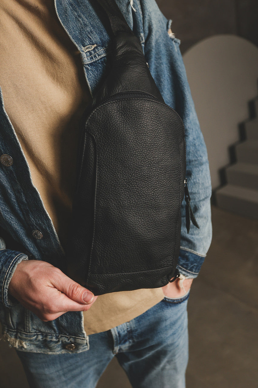 Handmade Mens Leather Sling Bag Black Chest Crossbody