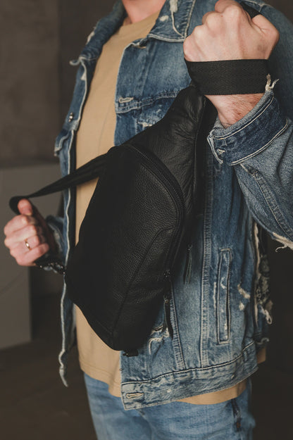 Handmade Mens Leather Sling Bag Black Chest Crossbody