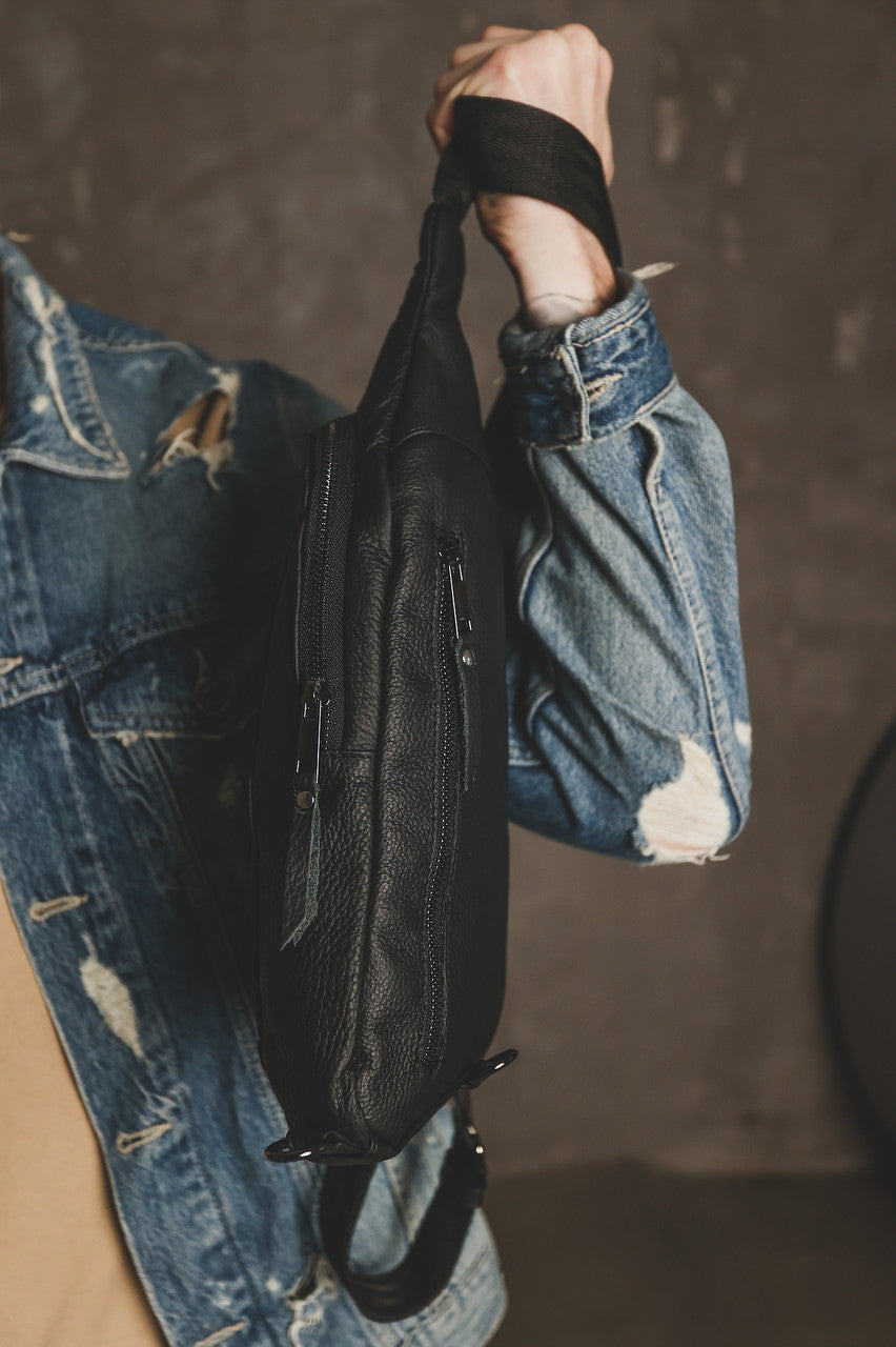 Handmade Mens Leather Sling Bag Black Chest Crossbody