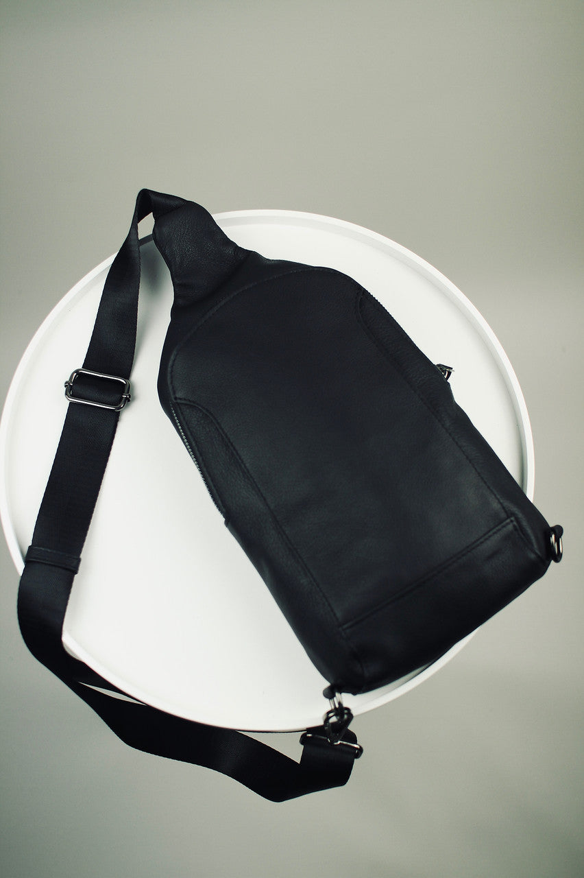 Handmade Genuine Leather Mens Chest Bag Black Sling