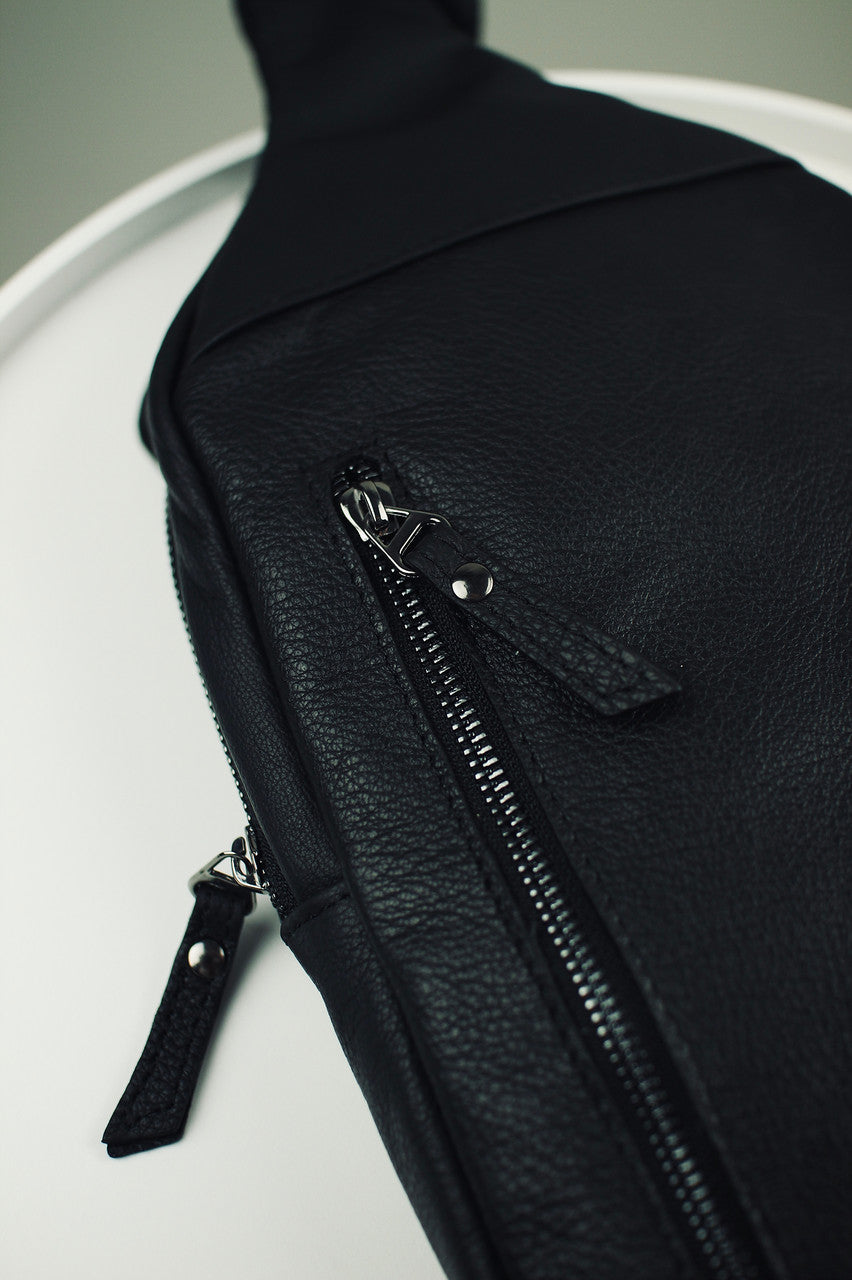 Handmade Genuine Leather Mens Chest Bag Black Sling