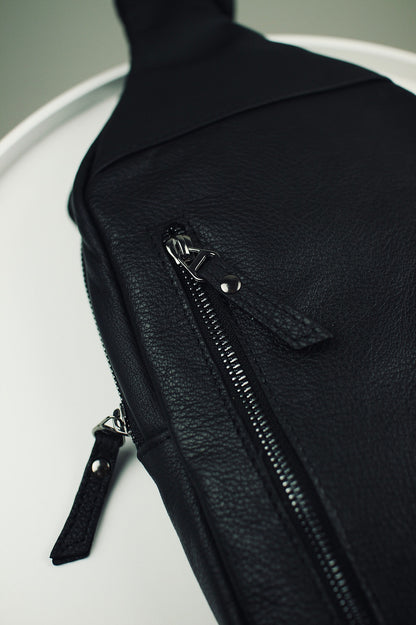 Handmade Genuine Leather Mens Chest Bag Black Sling
