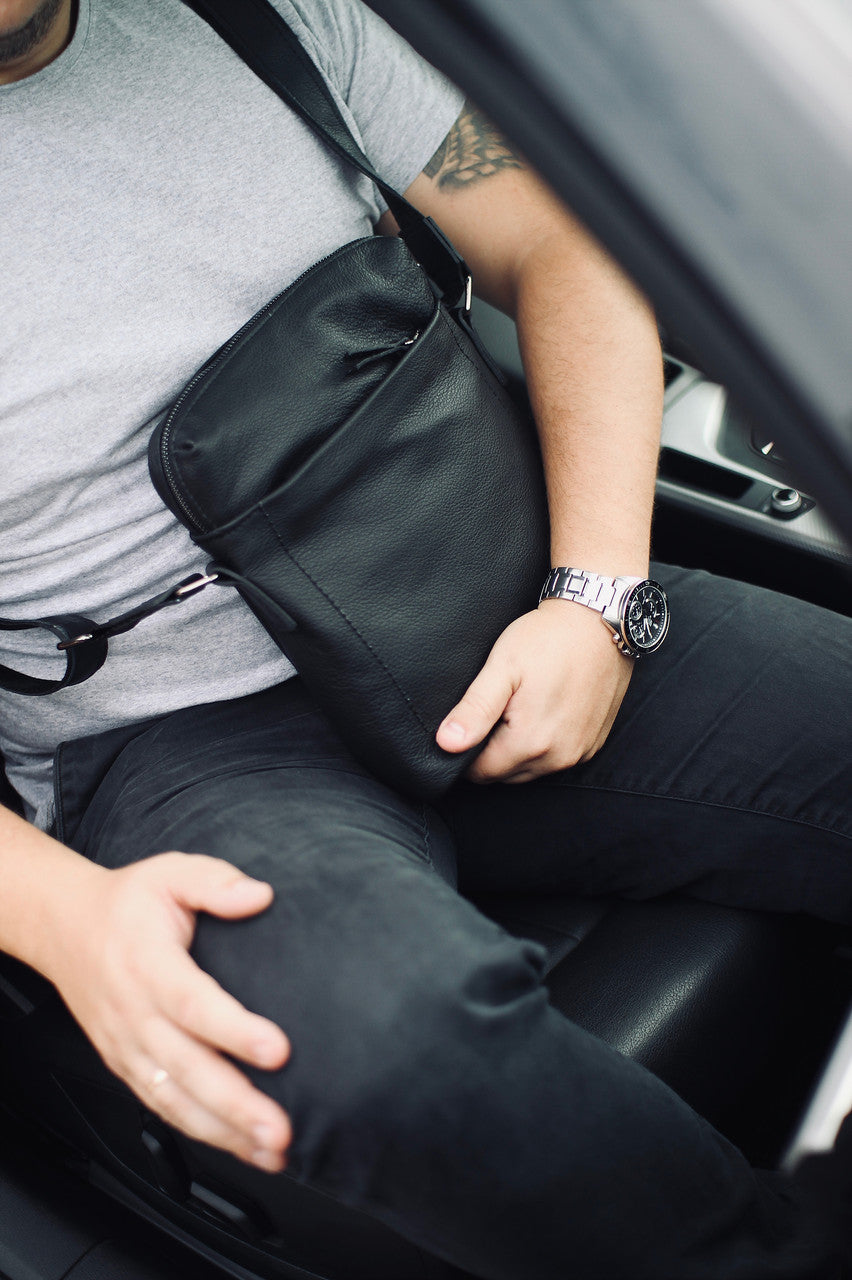 Handmade Mens Black Genuine Leather Shoulder Bag Messenger
