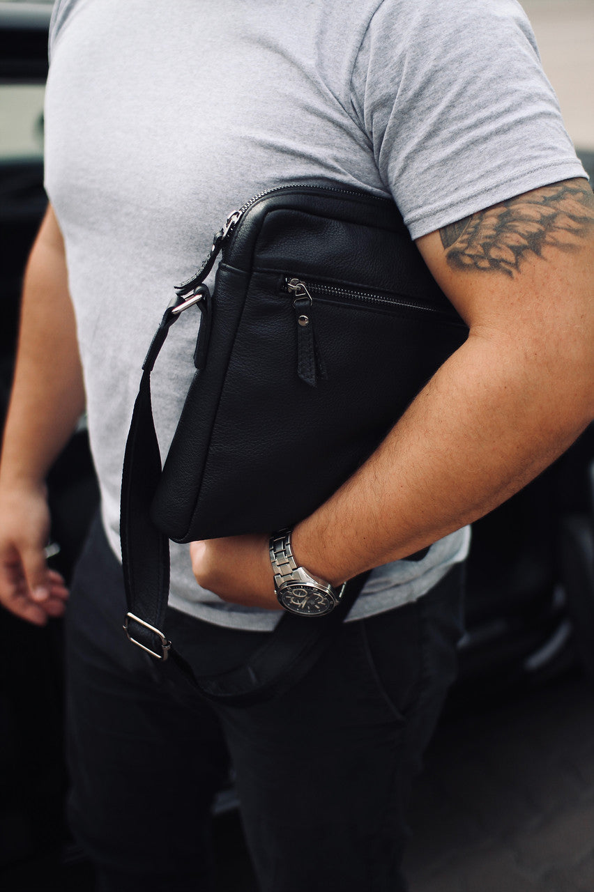 Handmade Mens Black Genuine Leather Shoulder Bag Messenger