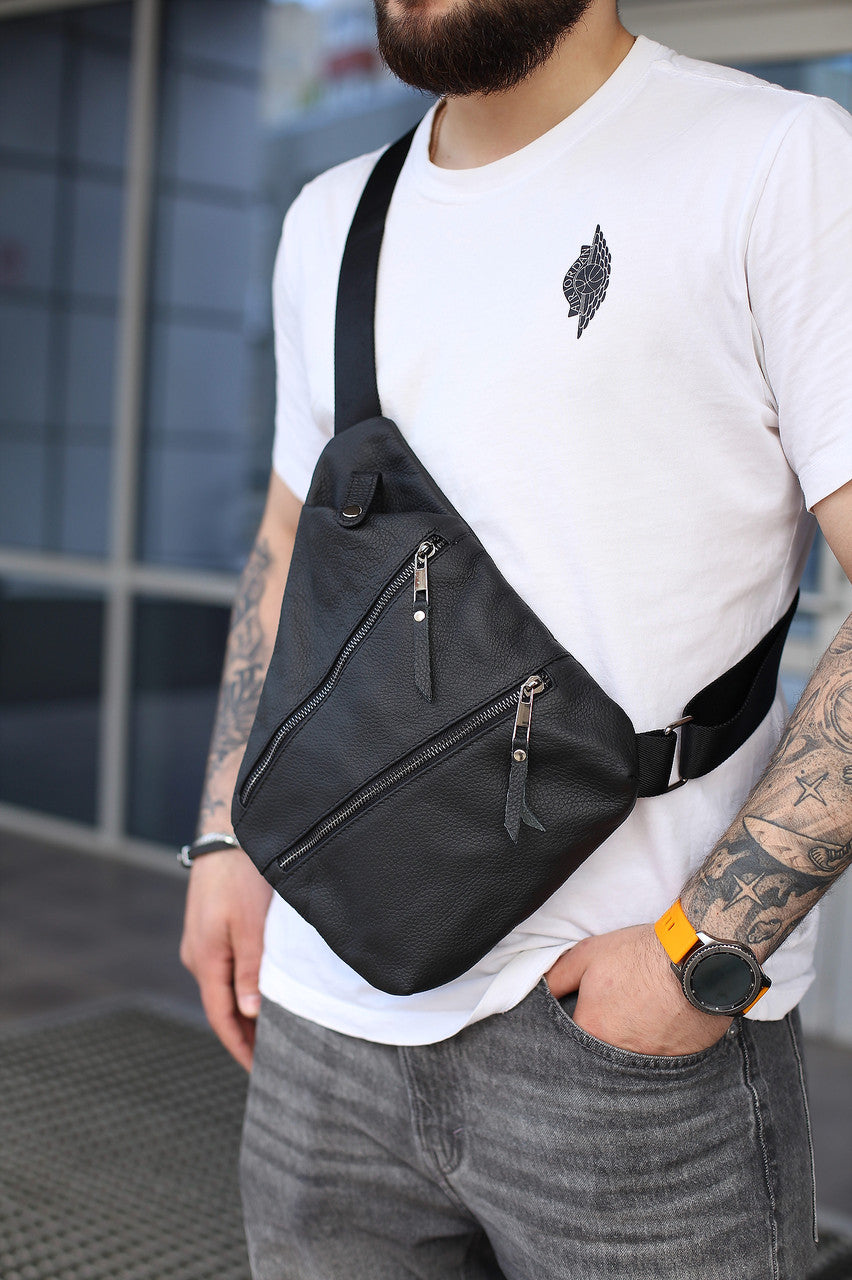 Mens Handmade Genuine Leather Crossbody Shoulder Bag Black