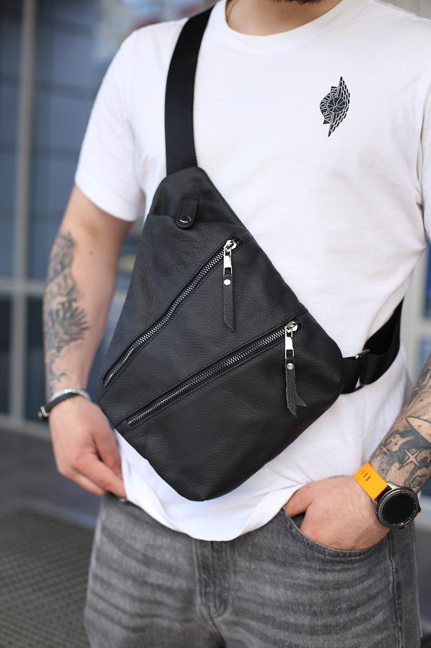 Mens Handmade Genuine Leather Crossbody Shoulder Bag Black