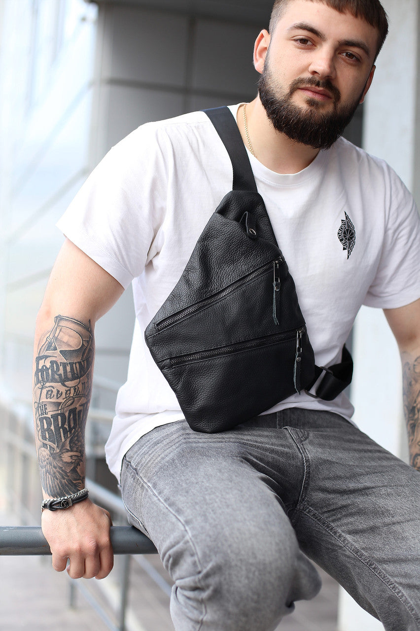 Mens Handmade Genuine Leather Crossbody Shoulder Bag Black