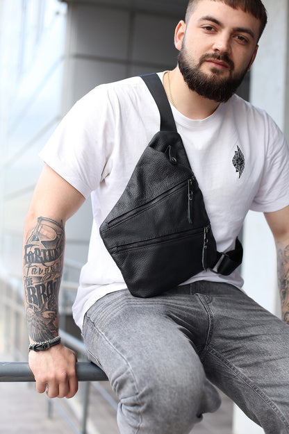 Mens Handmade Genuine Leather Crossbody Shoulder Bag Black