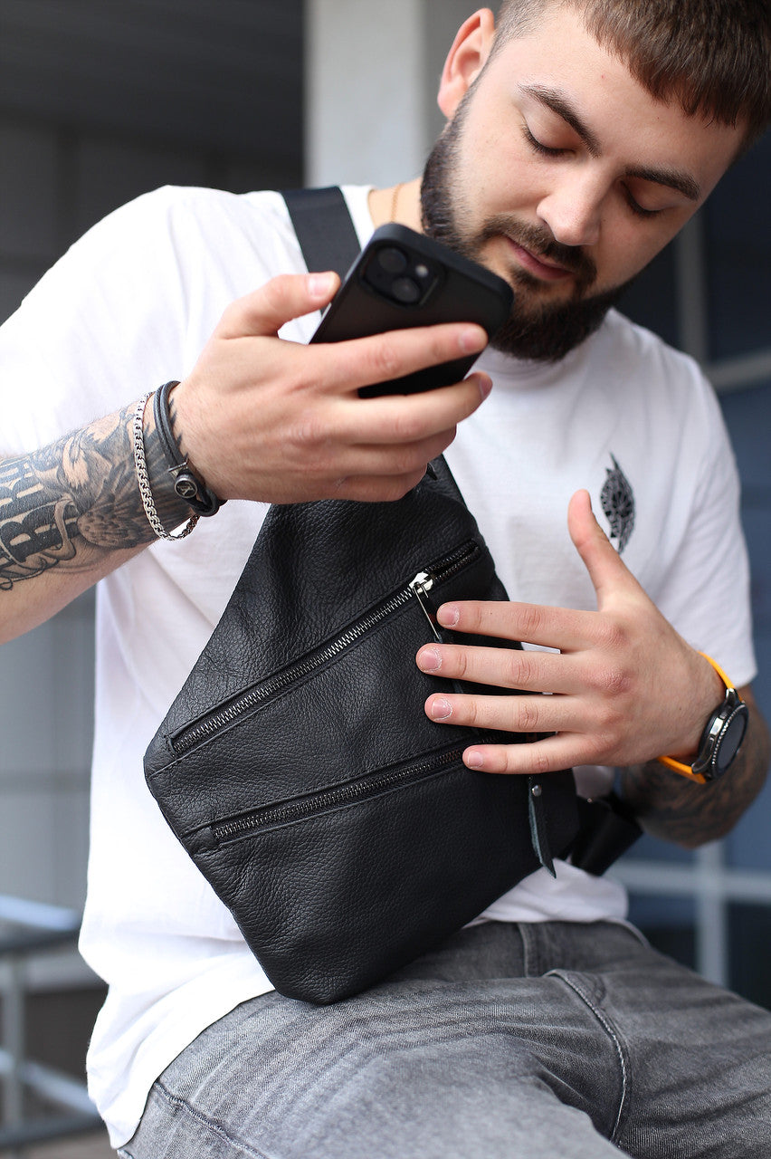 Mens Handmade Genuine Leather Crossbody Shoulder Bag Black