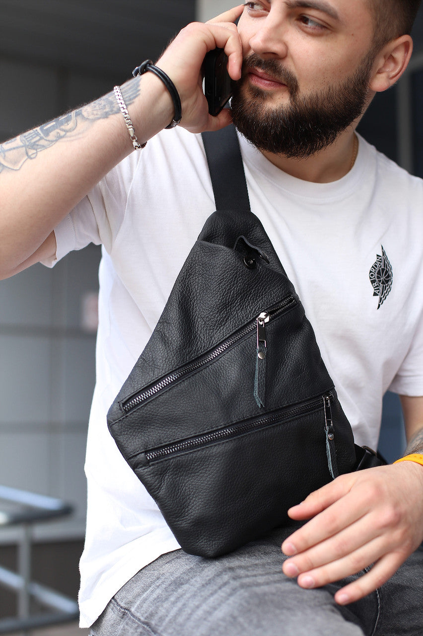Mens Handmade Genuine Leather Crossbody Shoulder Bag Black