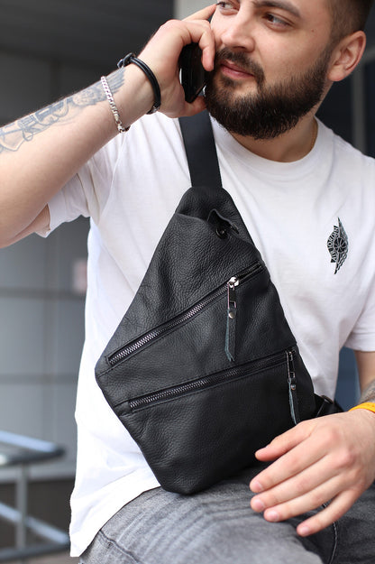 Mens Handmade Genuine Leather Crossbody Shoulder Bag Black