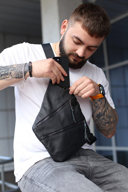 Mens Handmade Genuine Leather Crossbody Shoulder Bag Black