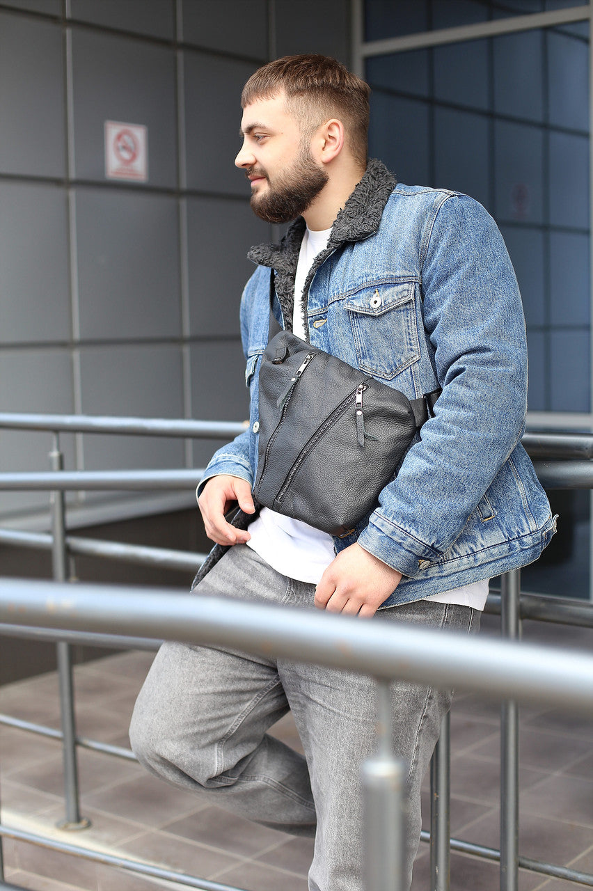 Mens Handmade Genuine Leather Crossbody Shoulder Bag Black