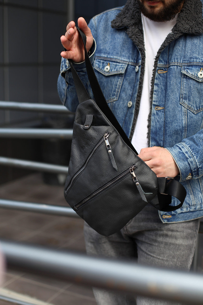 Mens Handmade Genuine Leather Crossbody Shoulder Bag Black