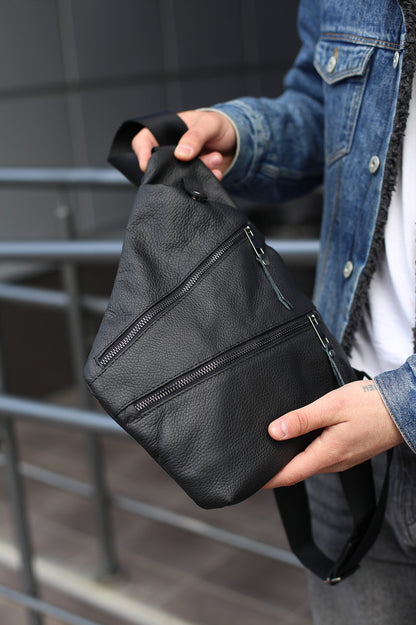 Mens Handmade Genuine Leather Crossbody Shoulder Bag Black