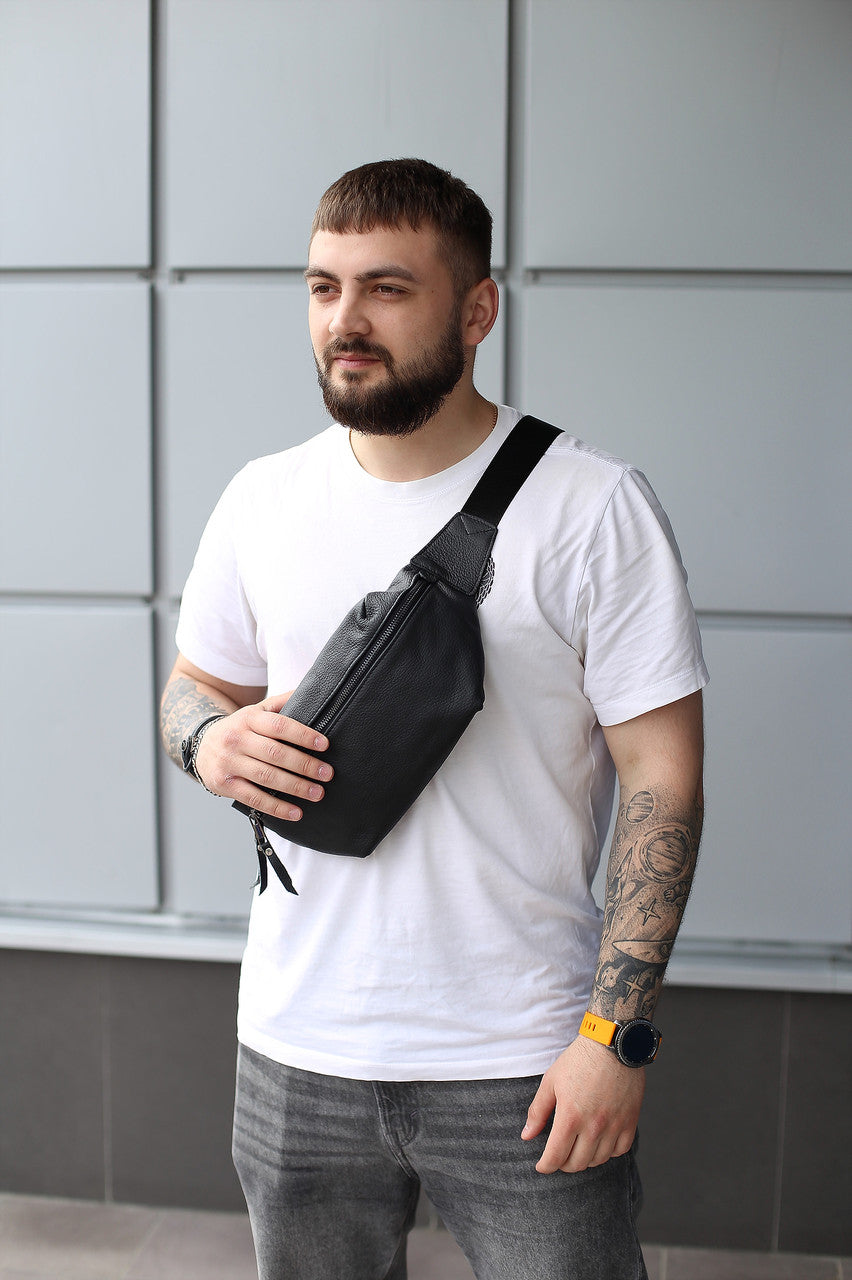 Handmade Mens Genuine Leather Banana Bag Black Crossbody Fanny Pack
