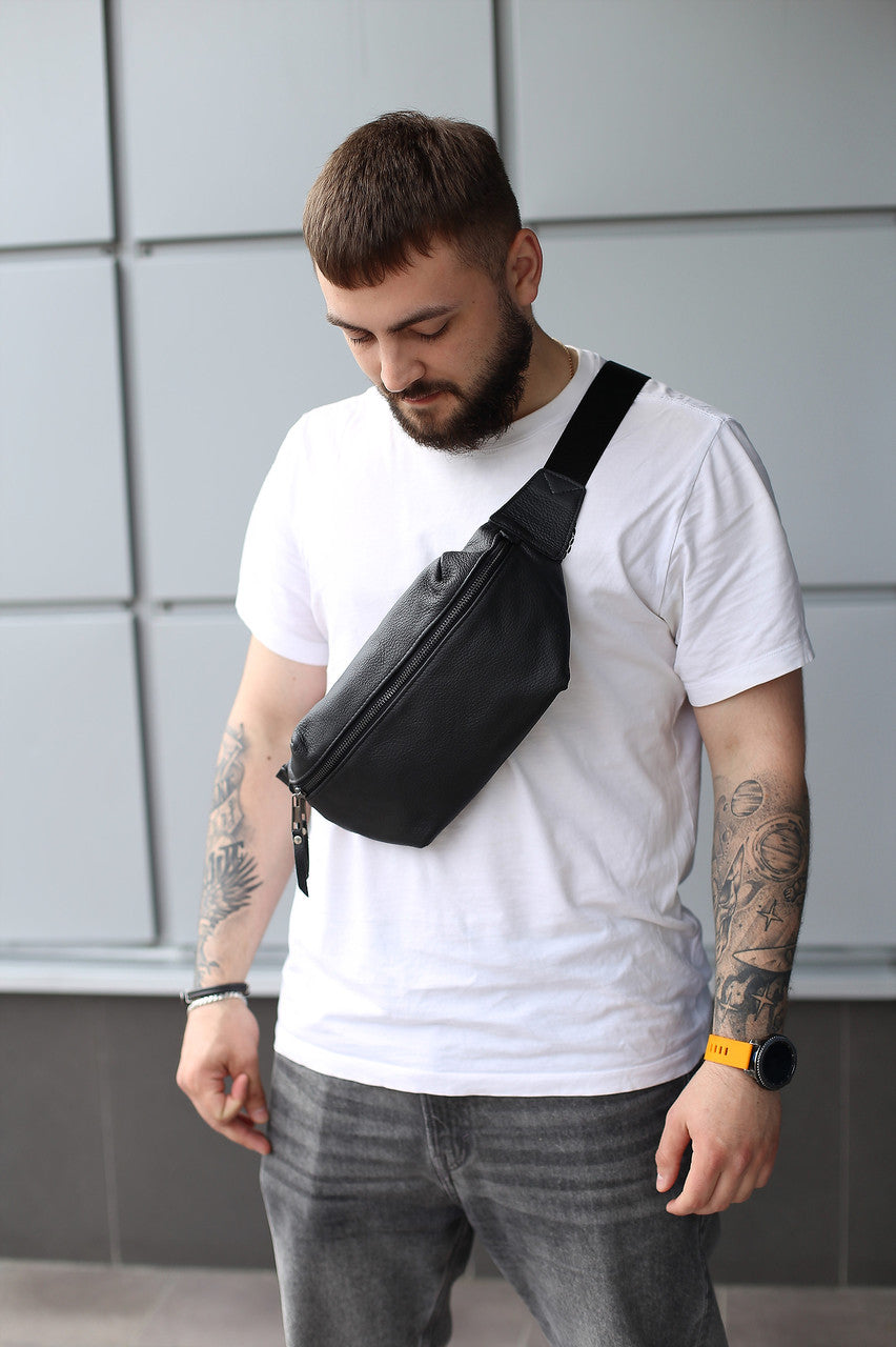 Handmade Mens Genuine Leather Banana Bag Black Crossbody Fanny Pack
