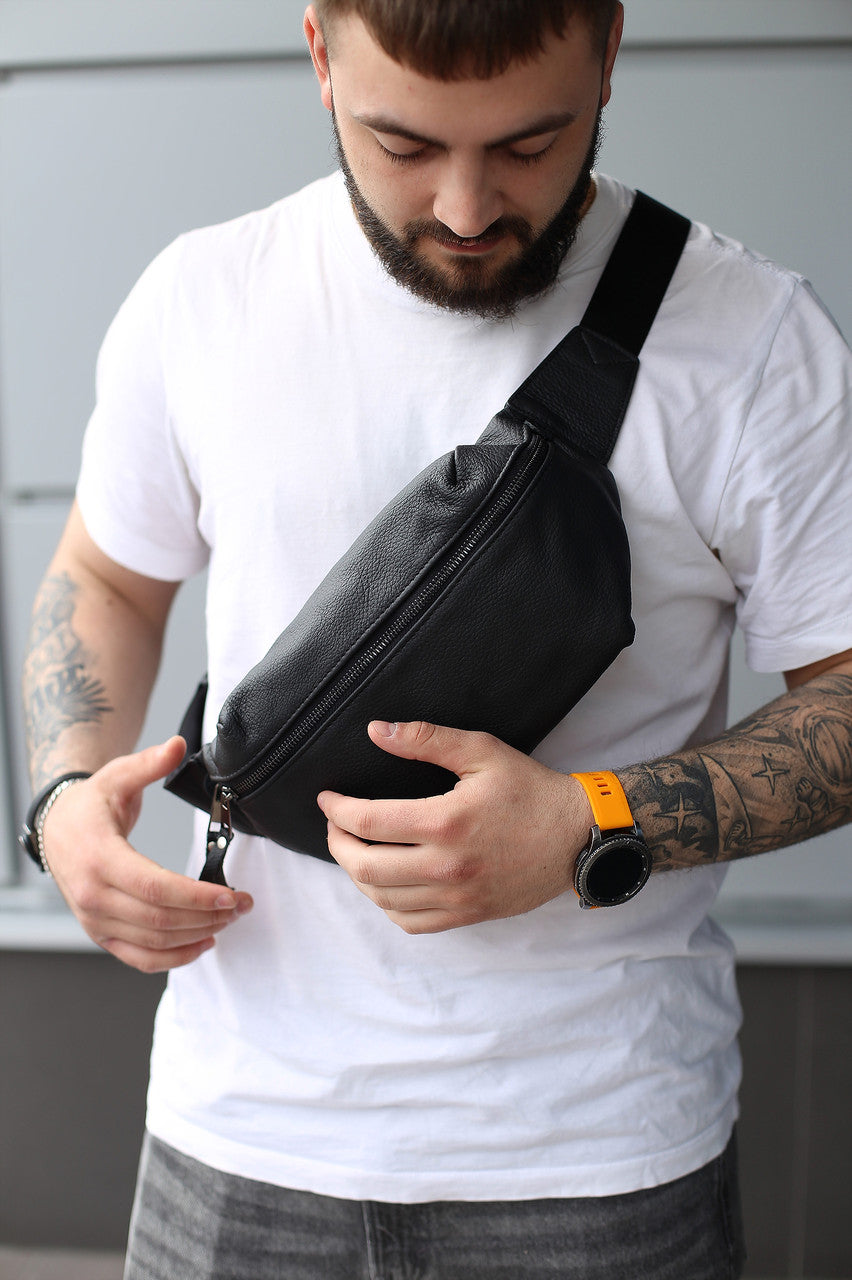 Handmade Mens Genuine Leather Banana Bag Black Crossbody Fanny Pack