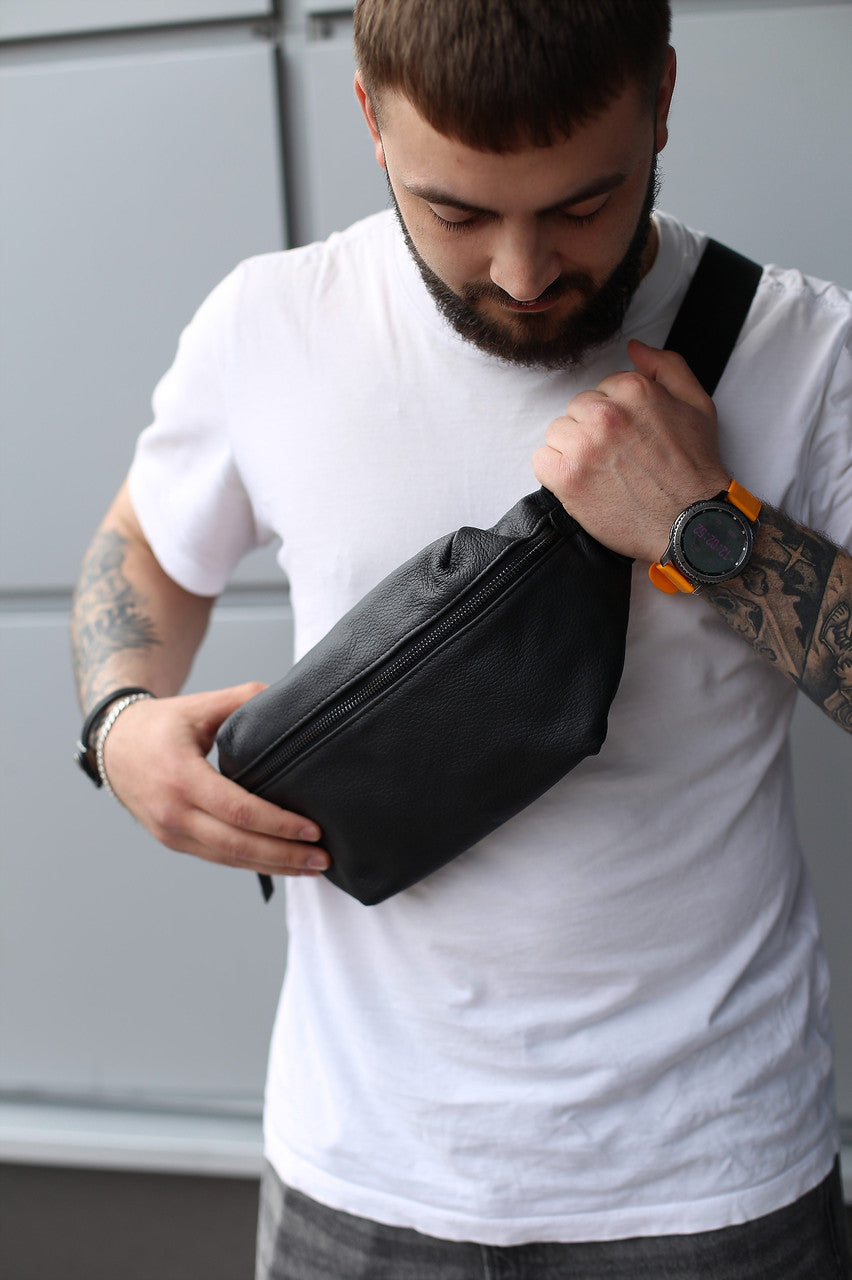 Handmade Mens Genuine Leather Banana Bag Black Crossbody Fanny Pack