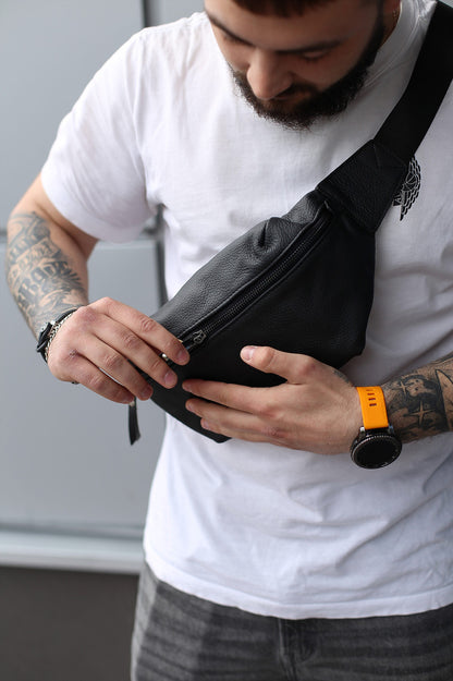 Handmade Mens Genuine Leather Banana Bag Black Crossbody Fanny Pack