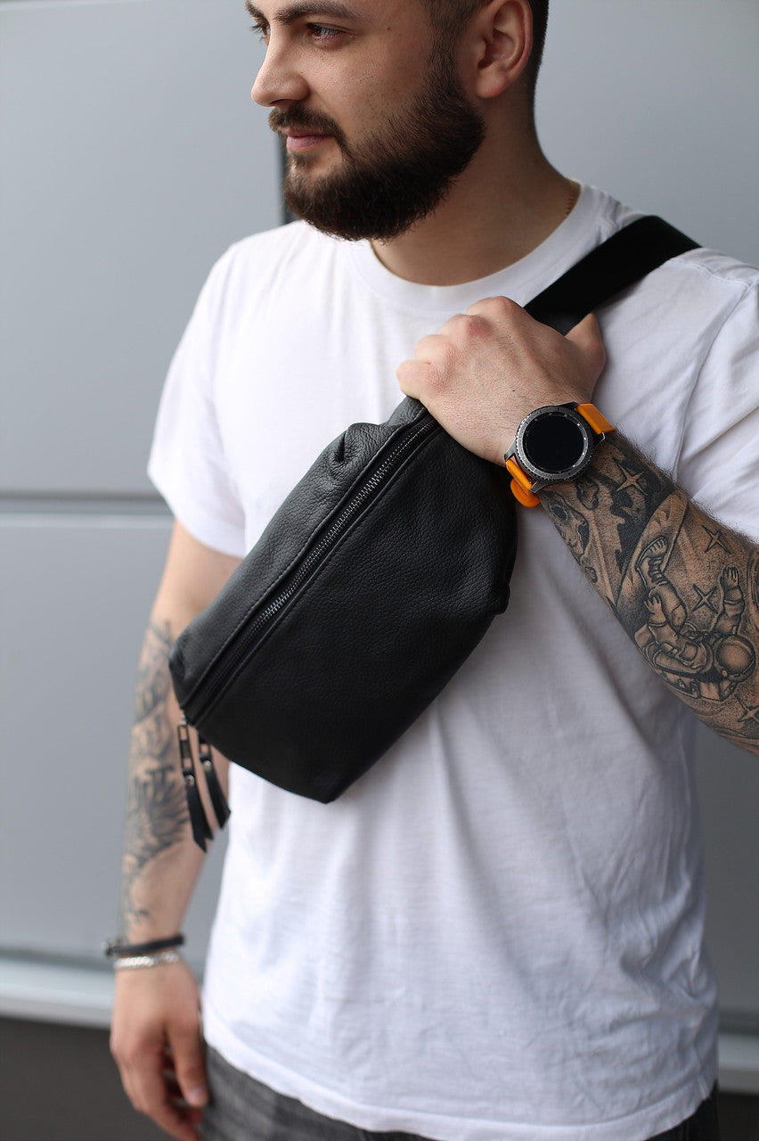 Handmade Mens Genuine Leather Banana Bag Black Crossbody Fanny Pack