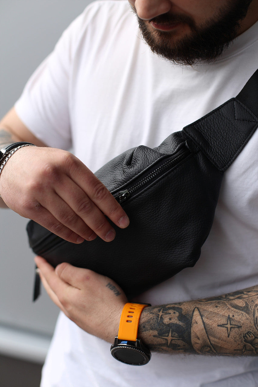Handmade Mens Genuine Leather Banana Bag Black Crossbody Fanny Pack