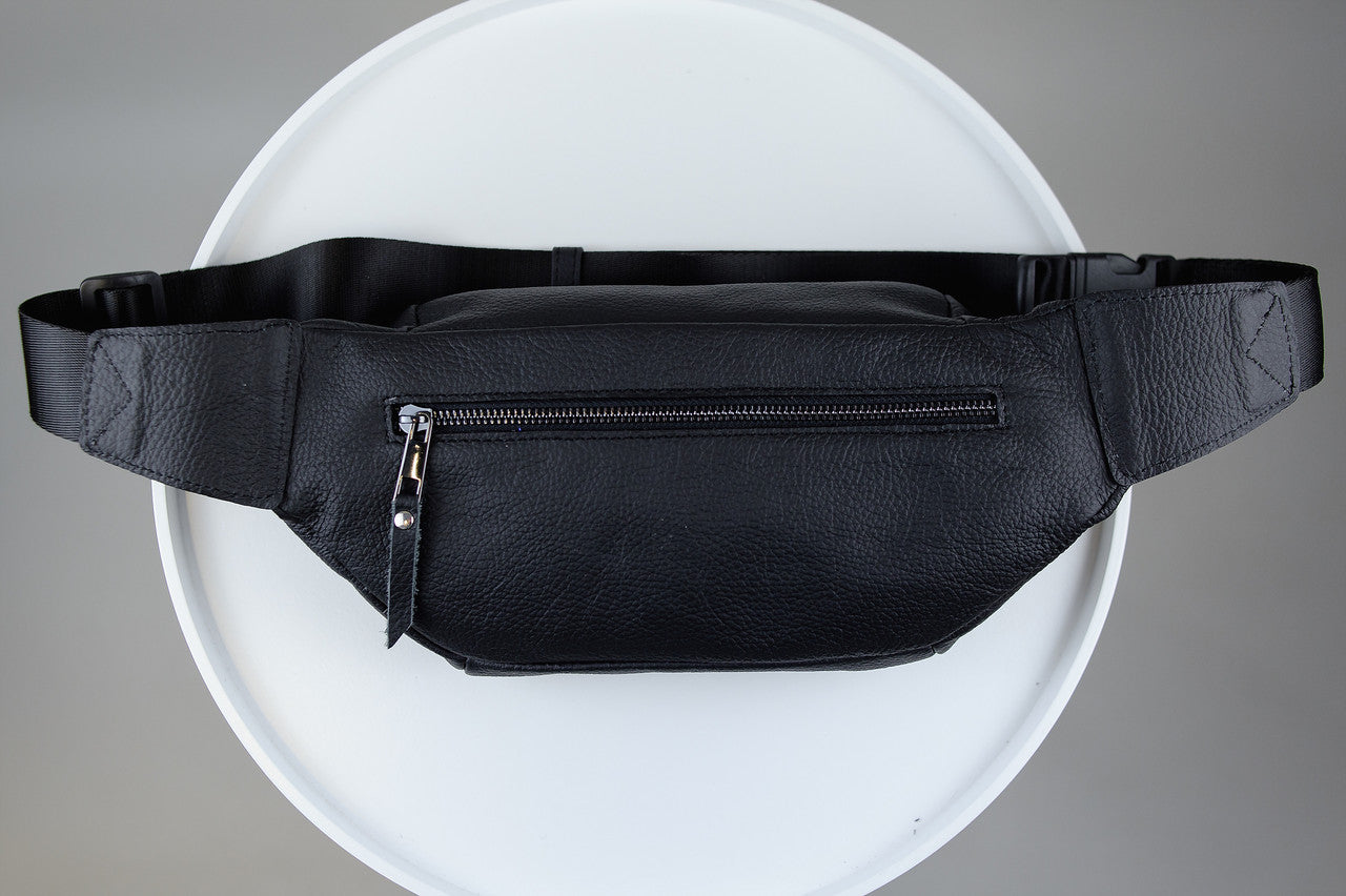 Mens Handmade Black Leather Banana Bag Waist Bag Fanny Pack