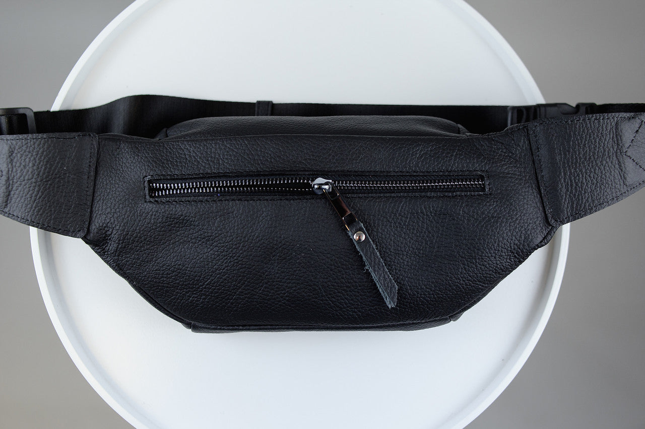 Mens Handmade Black Leather Banana Bag Waist Bag Fanny Pack