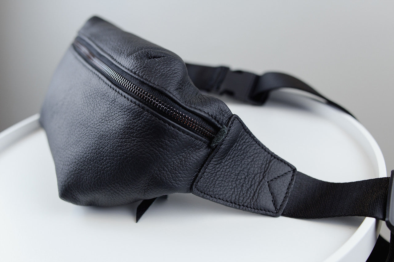 Mens Handmade Black Leather Banana Bag Waist Bag Fanny Pack