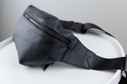 Mens Handmade Black Leather Banana Bag Waist Bag Fanny Pack