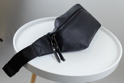 Mens Handmade Black Leather Banana Bag Waist Bag Fanny Pack