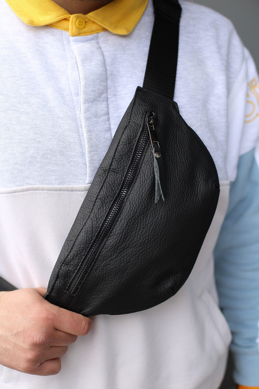 Handmade Mens Genuine Leather Black Waist Bag Fanny Pack