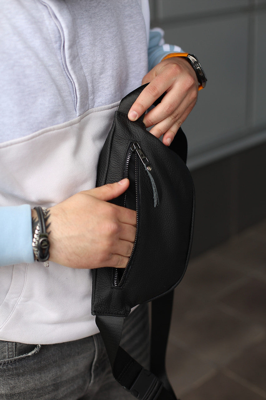 Handmade Mens Genuine Leather Black Waist Bag Fanny Pack