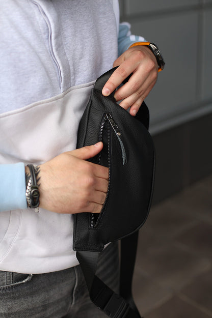Handmade Mens Genuine Leather Black Waist Bag Fanny Pack