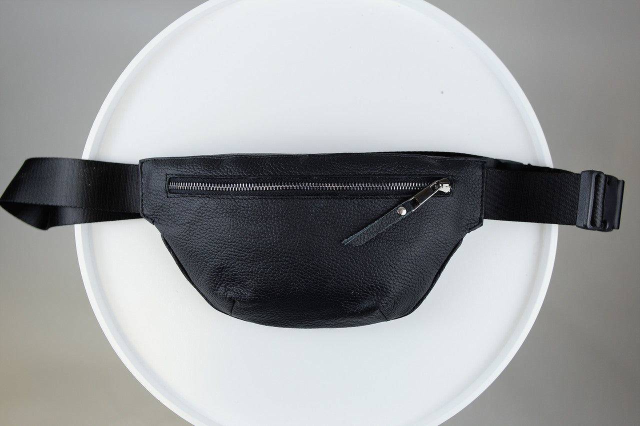 Handmade Mens Black Leather Waist Bag Fanny Pack