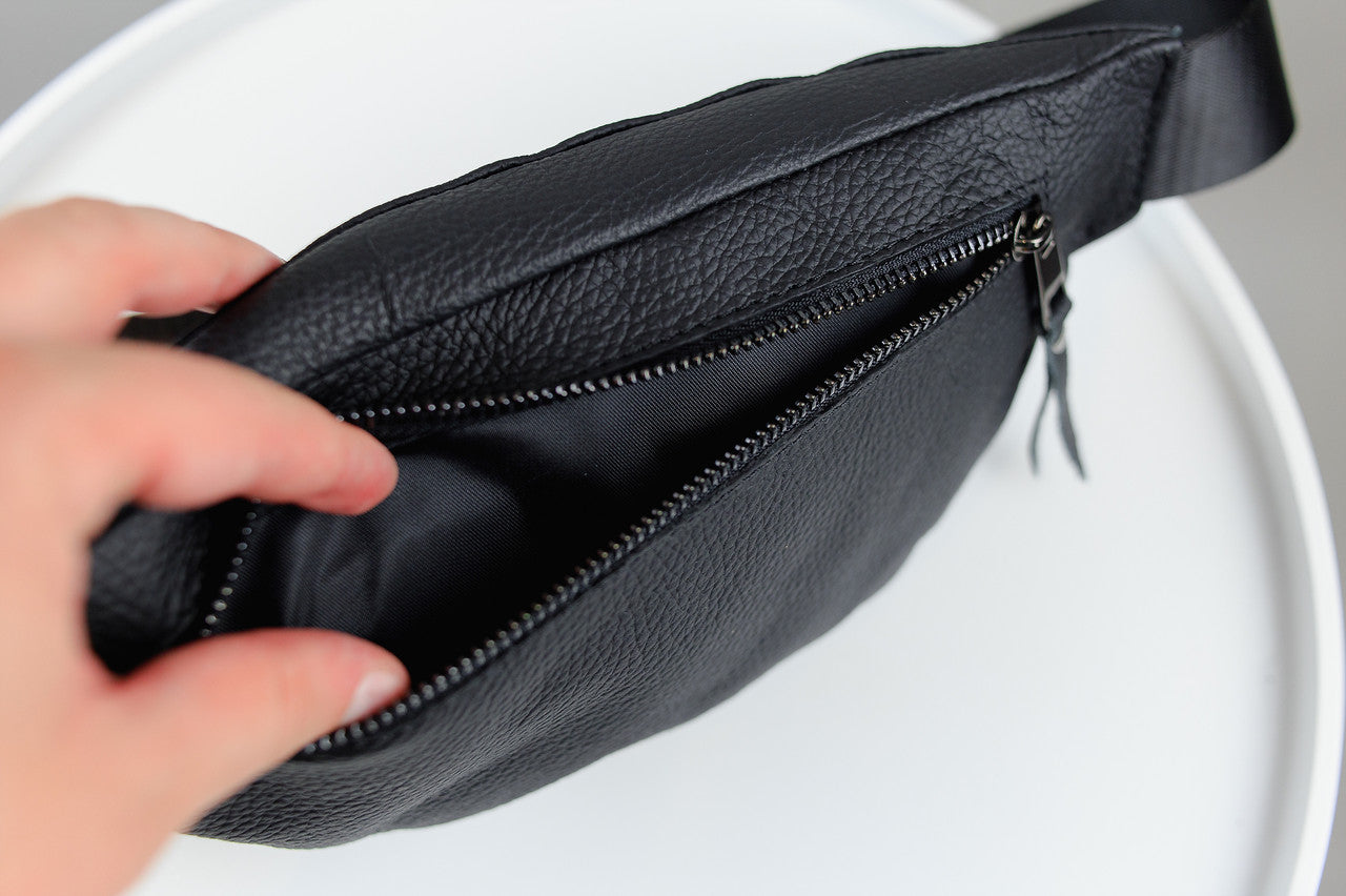 Handmade Mens Black Leather Waist Bag Fanny Pack