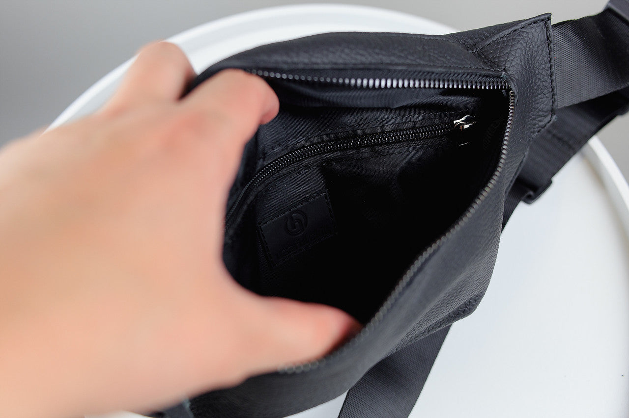 Handmade Mens Black Leather Waist Bag Fanny Pack