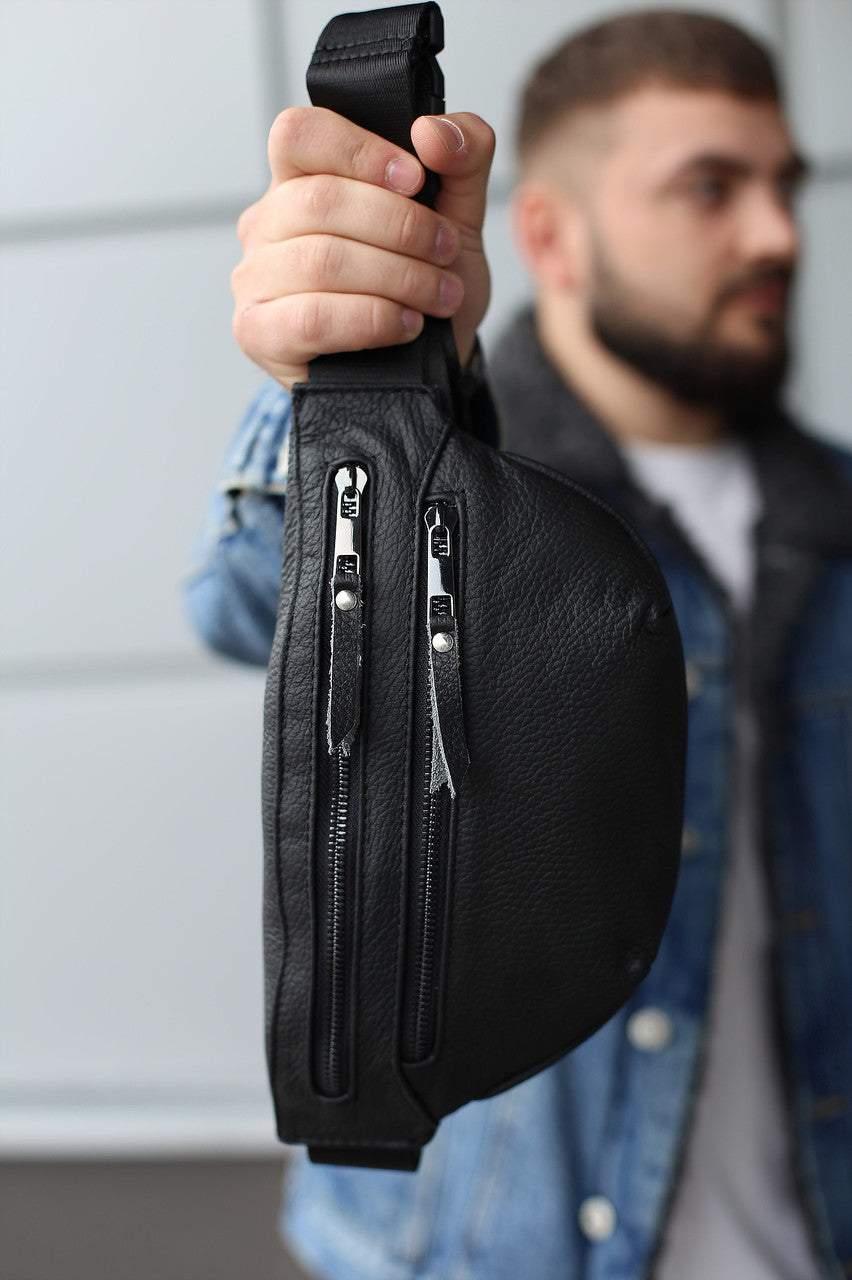 Handmade Mens Black Genuine Leather Waist Bag Banana Bag