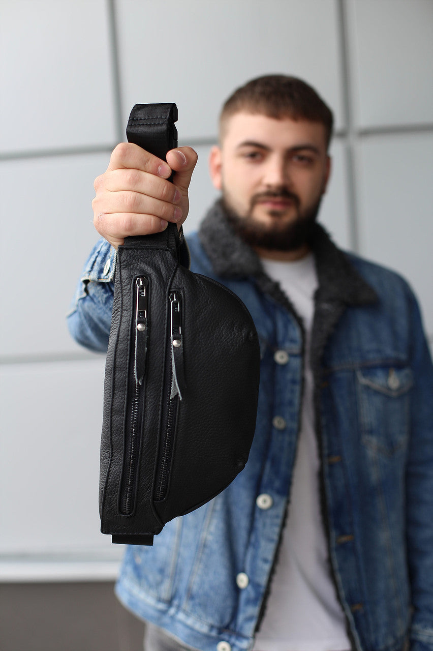 Handmade Mens Black Genuine Leather Waist Bag Banana Bag