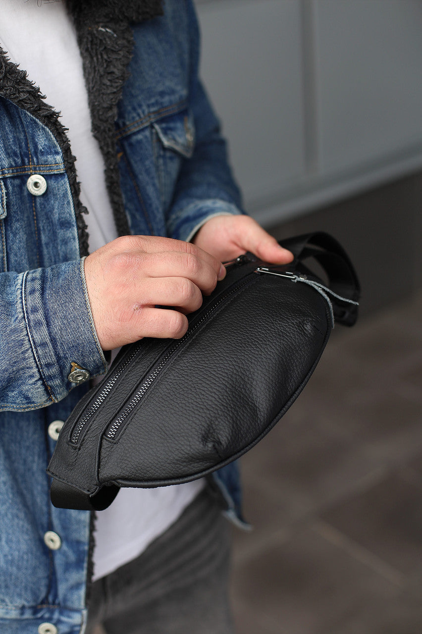 Handmade Mens Black Genuine Leather Waist Bag Banana Bag