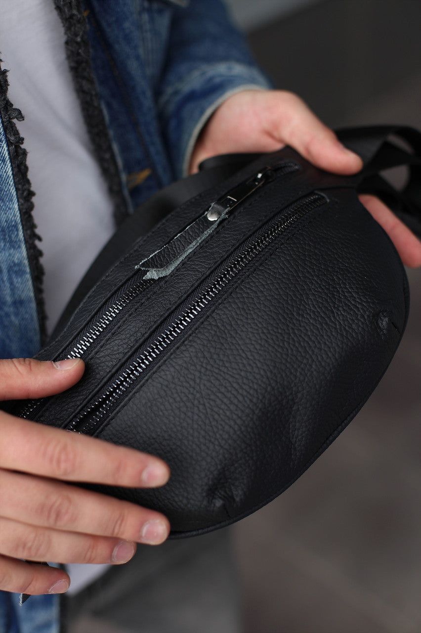 Handmade Mens Black Genuine Leather Waist Bag Banana Bag