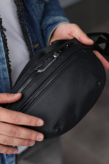Handmade Mens Black Genuine Leather Waist Bag Banana Bag
