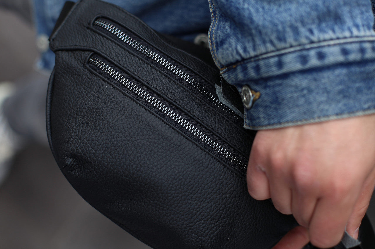 Handmade Mens Black Genuine Leather Waist Bag Banana Bag